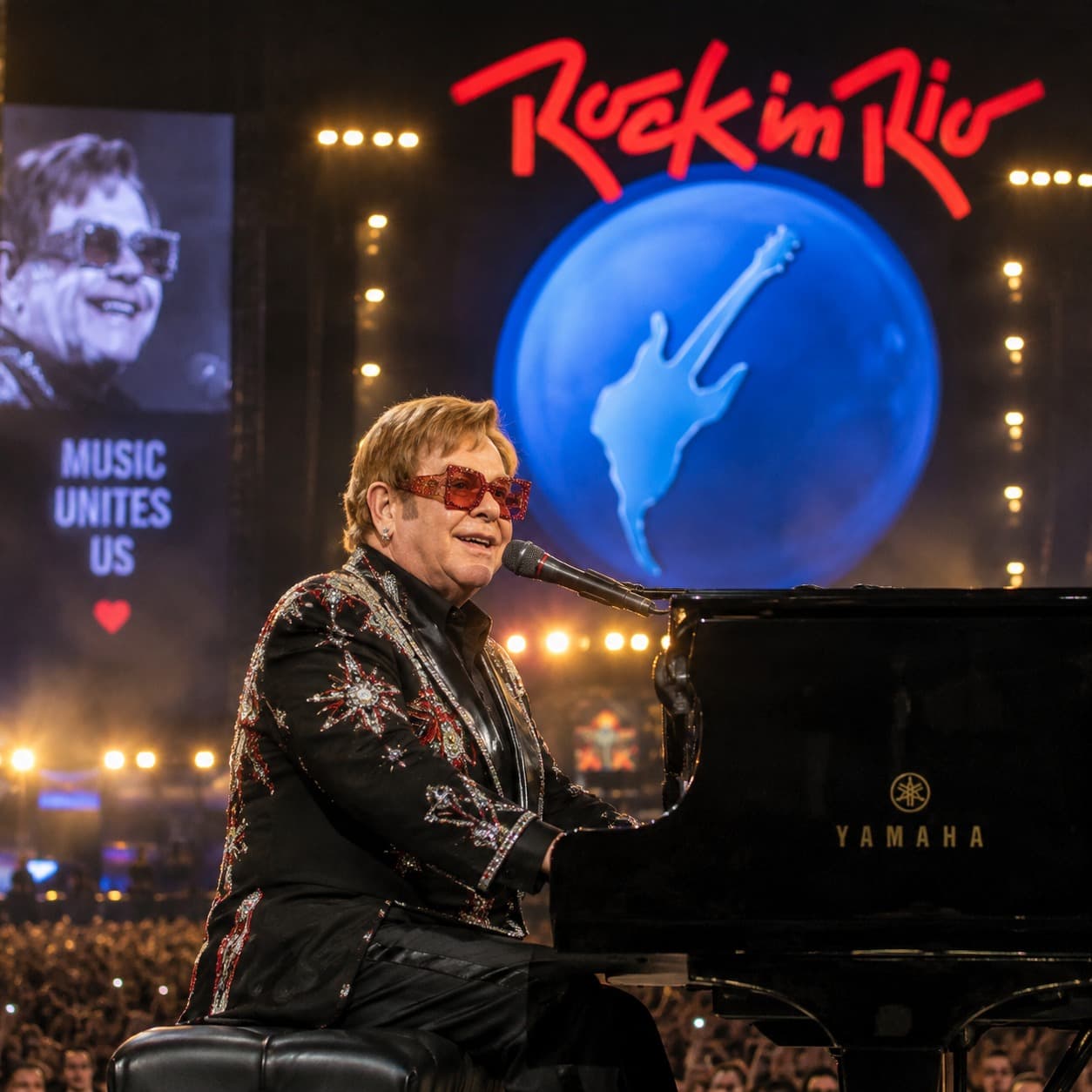 Elton John ao piano no Palco Mundo do Rock in Rio 2026, com o logotipo do festival ao fundo