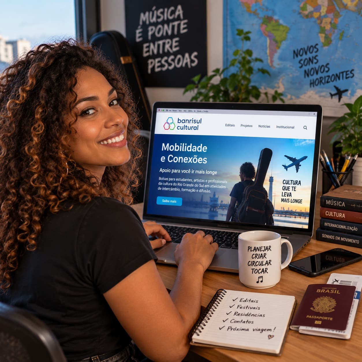 Artista pesquisa oportunidades de mobilidade cultural em seu computador, ao lado de um passaporte e de um violão